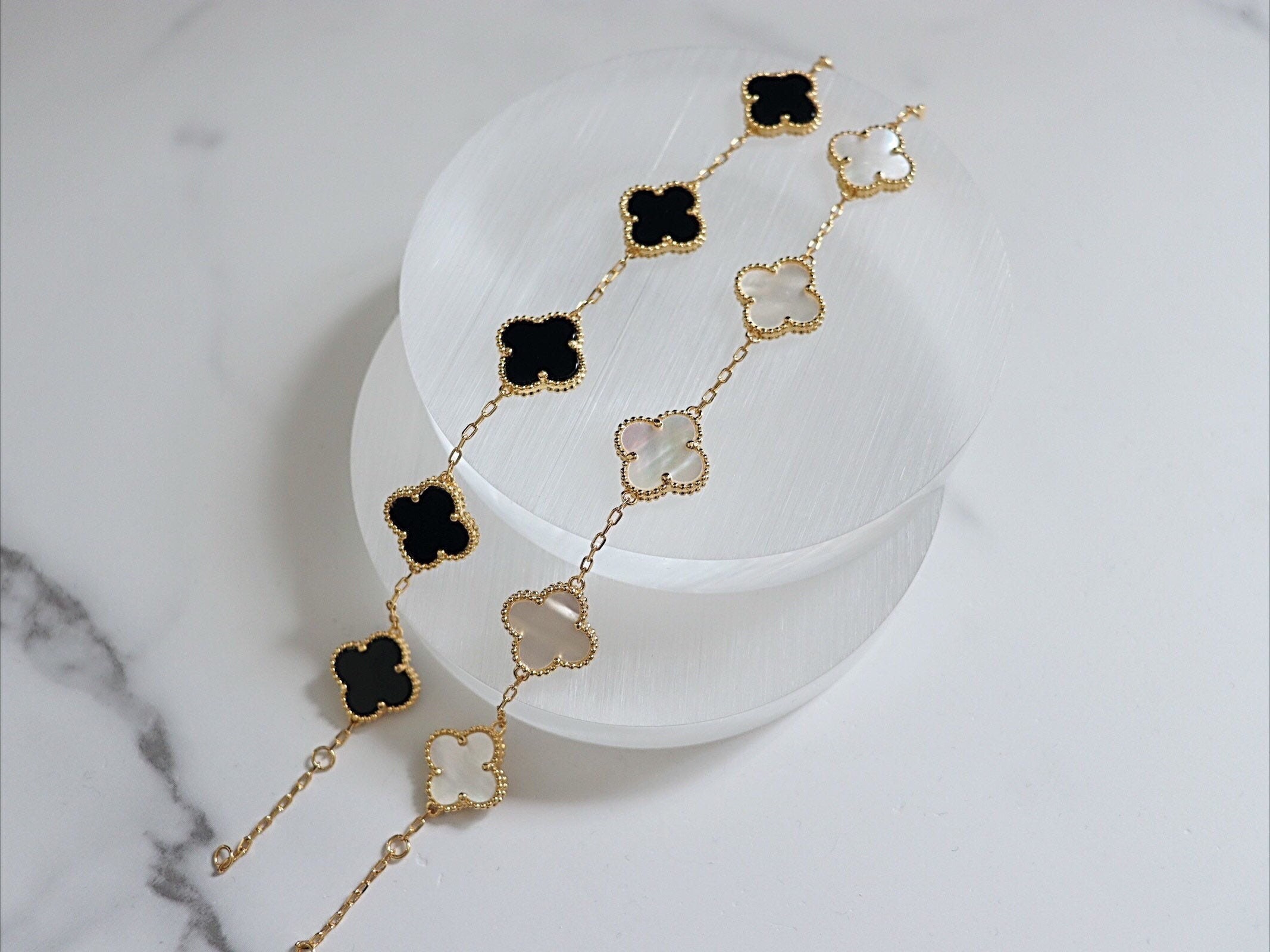 Gold Clover Bracelet with Mother of Pearl/Onyx
