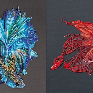 May include: Two betta fish, one blue and one red, are depicted in a beaded art form. The fish are detailed with shimmering scales and fins.