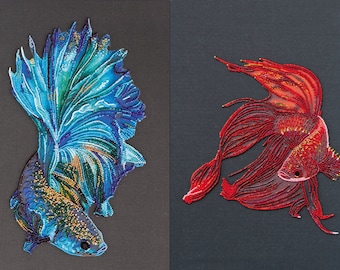 Bead embroidery kit, Set for beadwork on natural art canvas &quot;Blue Gold&quot; or &quot;Red gold&quot;, embroidery blue red fish DIY full kit bead embroidery