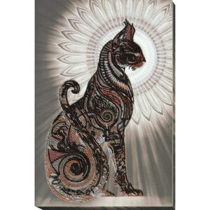 May include: A black cat with intricate, detailed patterns in shades of brown, red, and white. The cat is sitting in a profile pose against a white and gray background with a mandala-like design.