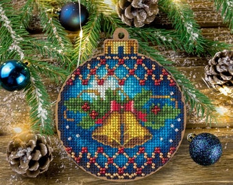 Cross-stitch kit on wood Christmas tree toy Bead embroidery kit Christmas tree decor Kit beadwork New year Decor DIY kit Christmas Bells