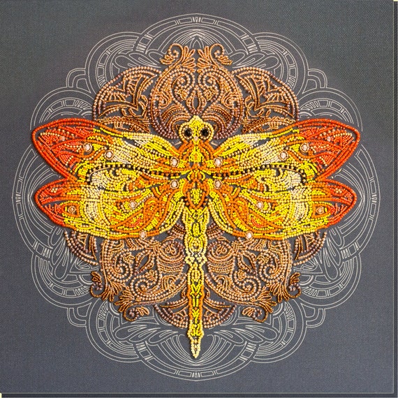 Kit for beadwork "Saffron overflow", Bead embroidery kit, DIY full kit, embroidered beads, bright picture of beads dragonfly of beads