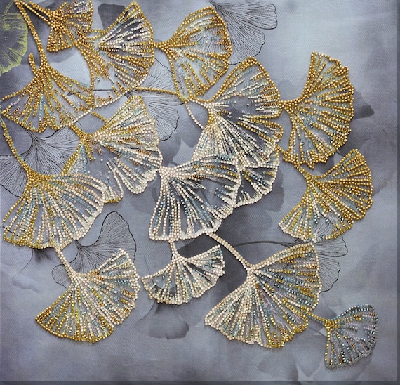 DIY Bead embroidery kit Ginkgo biloba Kit beadwork Needlework craft kit Hand embroidery beading pattern Art for wall Set embroidery beads