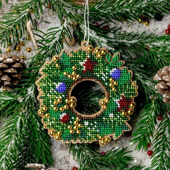 Set embroidery beads on wood Christmas tree toy Bead embroidery kit  beadwork Christmas New year Decor Hand embroidery beads DIY craft kit