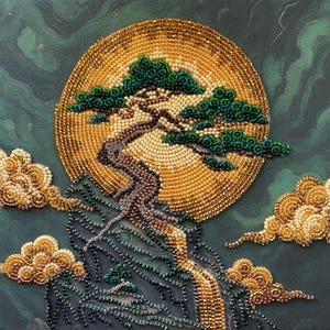 May include: A beaded artwork depicting a bonsai tree on a rocky hillside, set against a golden sun and clouds. The tree features green foliage and a textured trunk. The background is a marbled teal color.