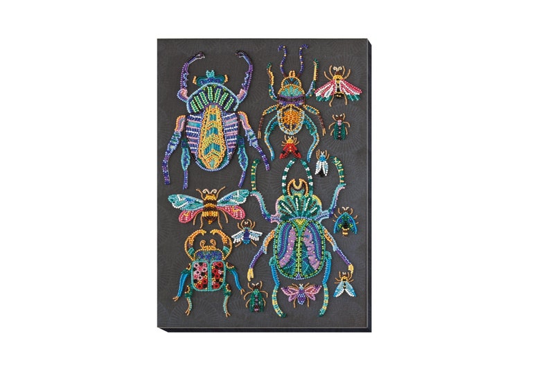 May include: A colorful beaded artwork featuring a variety of insects, including beetles, butterflies, and bees. The insects are arranged in a symmetrical pattern on a dark gray background.