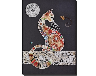 Bead Embroidery Kit Hand embroidery Set embroidery beads Embroidered cat Cat made of beads Picture with a cat Cat and moon Kit beadwork