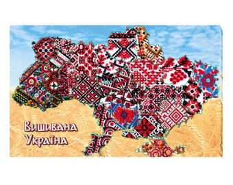 May include: A map of Ukraine made of colorful embroidered fabric patches, with the text "Вишивана Україна" (meaning "Embroidered Ukraine") at the bottom.