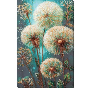 May include: A detailed artwork featuring dandelions with white seed heads and brown stems. The dandelions are set against a teal and gray background, with accents of green and gold. The artwork is a close-up of the dandelions.