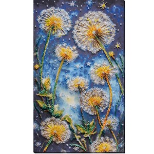 May include: A close-up of a painting depicting a cluster of dandelion flowers with white fluffy seeds against a blue background. The flowers are made of colorful beads and sequins.