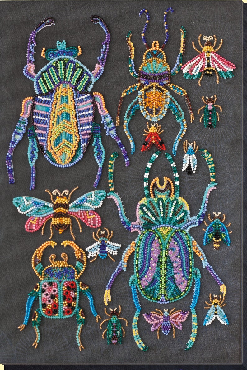 May include: A close-up of a beaded art piece featuring a variety of colorful insects, including beetles, butterflies, and bees. The insects are arranged in a symmetrical pattern on a dark background.