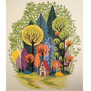 Kit cross stitch Bright summer embroidery Diy craft kit Gift for embroiderer Hand embroidery Forest landscape Forest cabin Forest picture