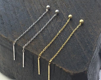 Sterling Silver Gold Ball Earrings Ear Threaders – Silver Earthread - Threader Earrings - Dangle Chain -Pull through - Second hole earrings