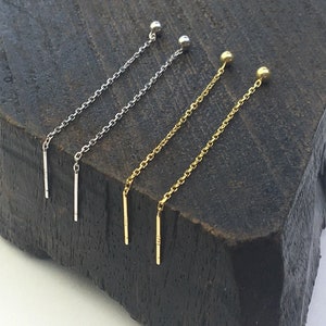 Sterling Silver Gold Ball Earrings Ear Threaders – Silver Earthread - Threader Earrings - Dangle Chain -Pull through - Second hole earrings