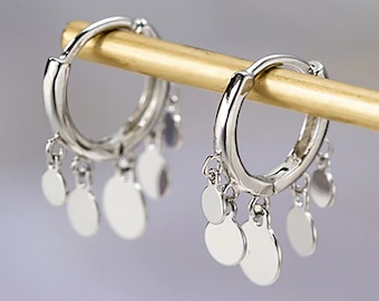 Pair of silver and gold plated coin hoop earrings - Charm earrings - huggie earrings - dainty hoops - dangling earrings  - charm hoops