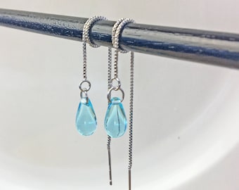 Silver Dangle & Drop Earrings, Blue Mermaid Tear Threader Earrings, Pull Through Earrings Long Silver Earrings  Ear Thread Long earthreads