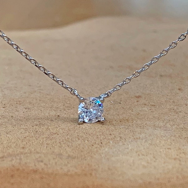 Dainty necklace- Solitaire zircon necklace - Delicate necklace Silver Necklace Single tiny Zircon 3 mm - 4mm or tiny 5 mm Zircon