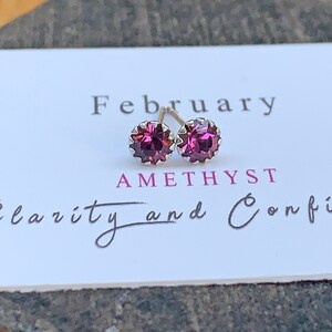 Goujons de pierre de naissance en zircon améthyste violet de février avec carte-cadeau, boucles d'oreilles en pierre de naissance de février, bijoux d'anniversaire en argent sterling
