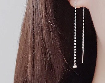 Sterling Silver long Ball Earrings Ear Threaders – Silver Earthread - Threader Earrings - Dangle Chain -Pull through - Second hole earrings