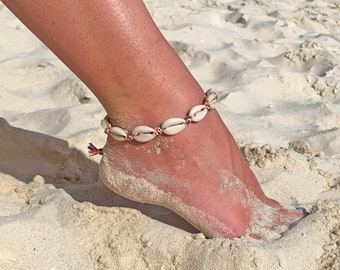 Colorful Anklet with cowrie shell- - Bohobeach  Anklet – - Bohemian Ankle Bracelet - Boho Ankle Bracelet