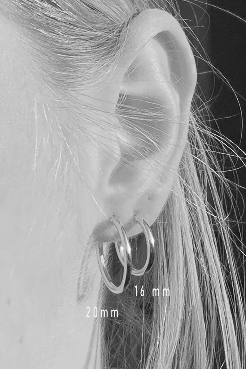 Thick Hoop earrings, Sterling Silver and gold Earrings, Silver 14 mm 16 mm 18 mm 20 mm Hoops, Silver Hoops, Minimalist Hoops 2 mm thick 画像 6