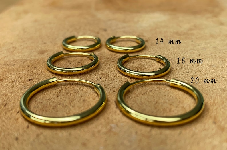 Thick Hoop earrings, Sterling Silver and gold Earrings, Silver 14 mm 16 mm 18 mm 20 mm Hoops, Silver Hoops, Minimalist Hoops 2 mm thick 画像 3