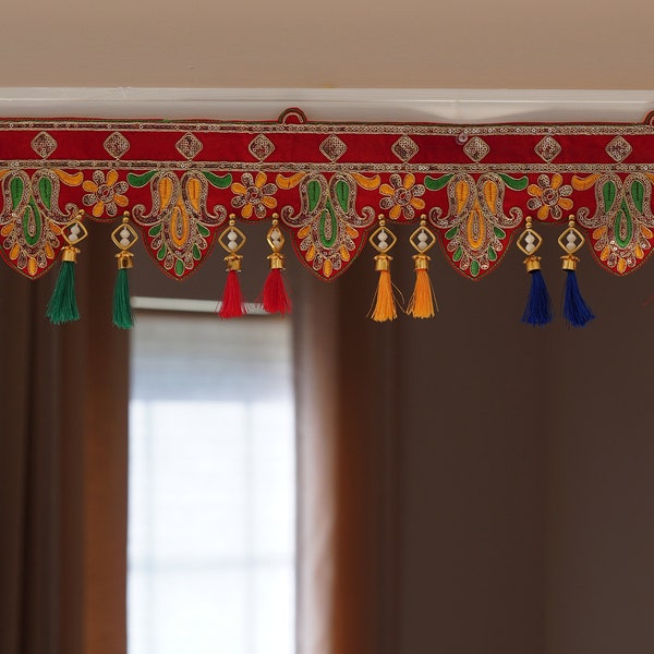 Bohemian decoration with colorful silk tassels, embroidered gypsy curtains, hippie door frame, Indian handmade ethnic tapestry