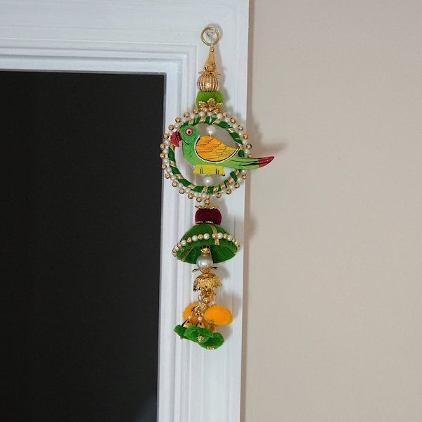 2 PC Hand-painted wooden parrot hanging with pompoms and pearl beads ring | Hippie door knob hanging, boho window/door/wall frame decoration