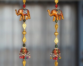 2 PC Hand painted elephant hanging with bead beaded ball and copper beads |Party/window/wall elephant decoration & gift, bead door curtains
