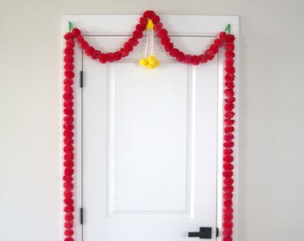 Red marigold garlands with 2 side hangings for outdoor and indoor decorations.