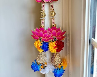 2 Stück Handbemalter Lotus mit Perlen, Perlen und Blumen |Indian Festival Tür / Fenster / Wanddekoration, Lotus-Themen-Partydekoration und Geschenke!