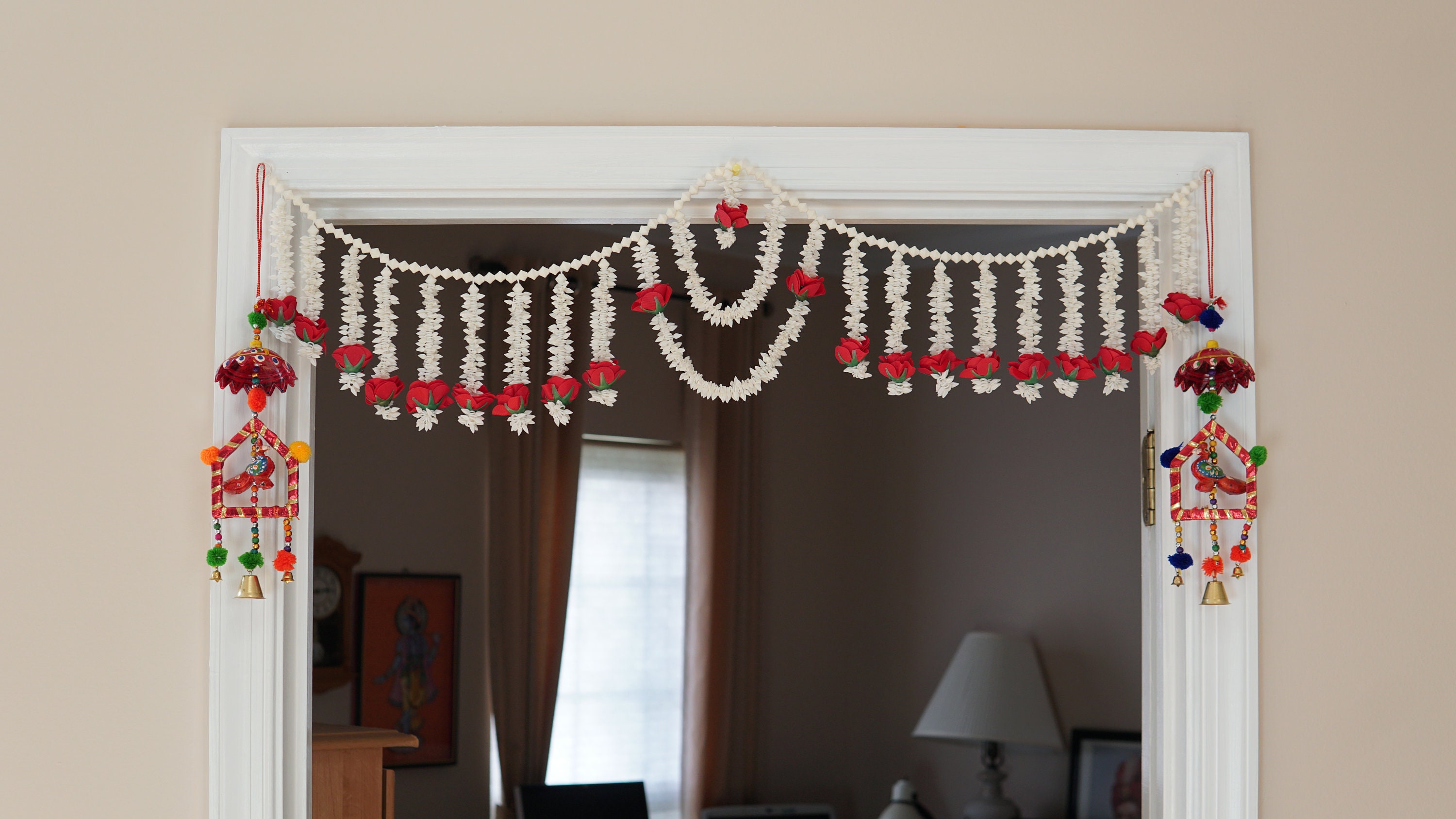 Jasmine garland with Red flowers, bohemian home decor, window gypsy flower curtains, hippie door valance, ethnic tapestry, Diwali Toran/gift