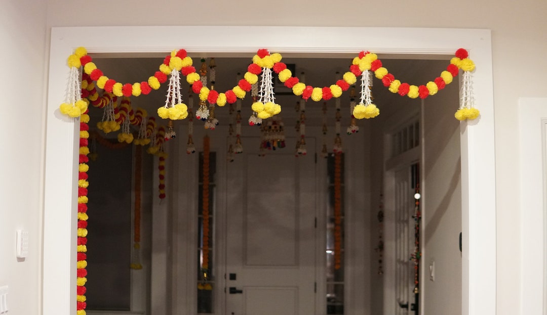 Yellow Red Marigold Garlands Garage Door and Indoor Decorations ganesha or Diwali Decorations