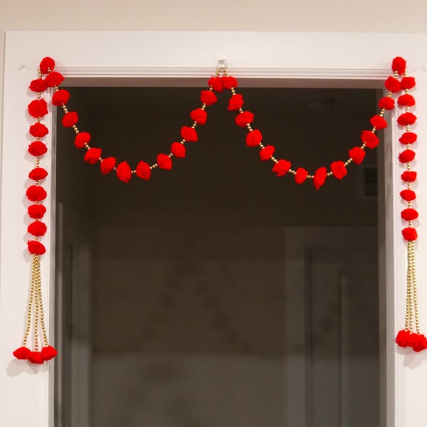 2 PC Red Pompom garlands for door or window decoration, Indian Diwali and Wedding party backdrop