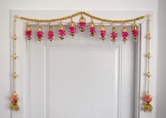 Indian Pink Flower Pearl Bead Toran With Side Hangings, Door