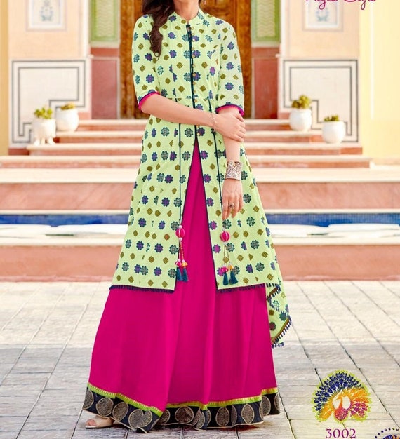 Ada Hand Embroidered Black Rayon Lucknowi Chikankari Indian Straight Kurta  for Women - A411483 - MOHVOGUE - 4222054