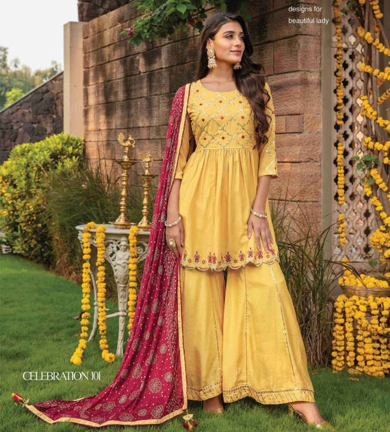 Indian Ready to Wear Yellow Peplum Dress With Dupatta Diwali Party