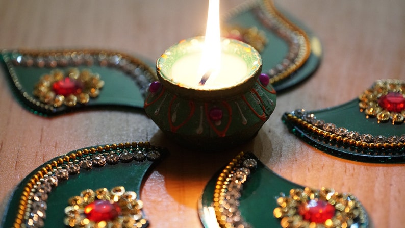 Hennamehndiwedding party candle decor Table top decoration with 1 PC clay hand painted wax diya Diwali candle center piece decoration