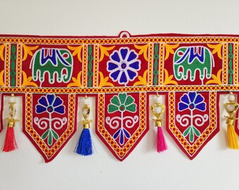 Bohemian elephant home decoration with colorful silk tassels, embroidered gypsy curtain, hippie door frame, Indian handmade ethnic tapestry