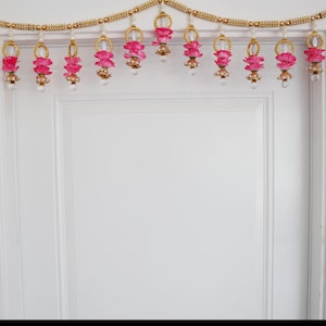 Indian pink flower Pearl bead toran with side hangings, Door 3 pc decoration set, Diwali or house warming or wedding decoration and gift!