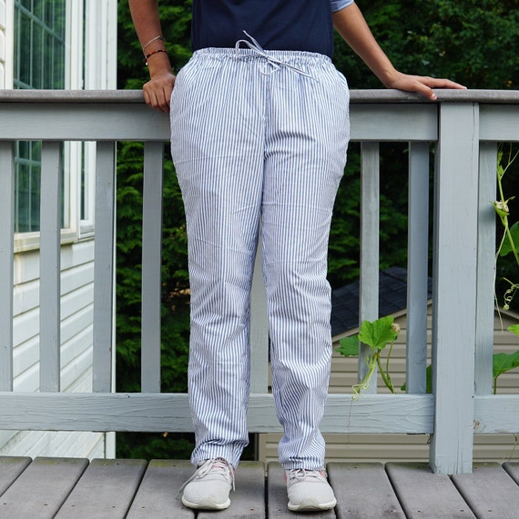 White & Gray Lining Design Cotton Pants, Comfortable Elastic Band