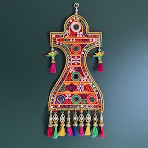 Embroidered wall Pc with handmade silk tassels | Boho Mirrorwork wall Sculpture, Indian theme wedding decor, Beaded wall decor with tassels