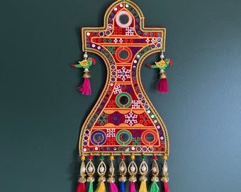 Embroidered wall Pc with handmade silk tassels | Boho Mirrorwork wall Sculpture, Indian theme wedding decor, Beaded wall decor with tassels