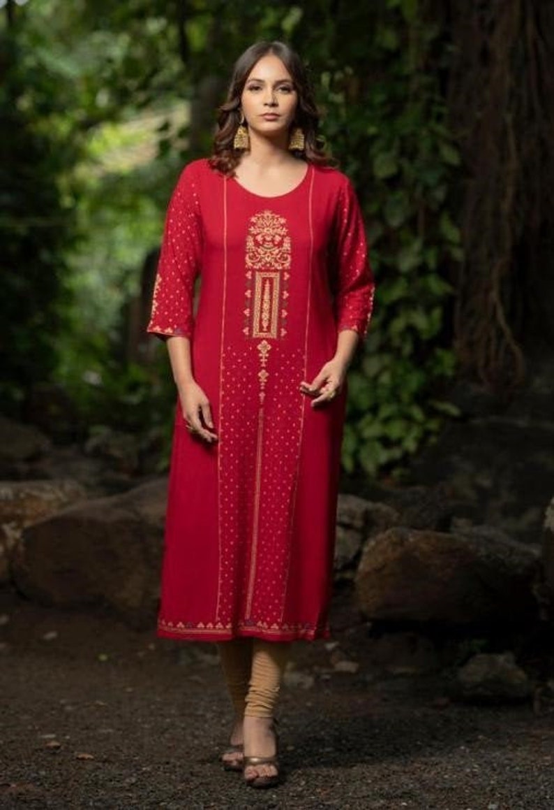 beach kaftan Bohemian tribal 2 side cut cotton relax kurti Red Indian golden block printed soft material kurti fallsummer casual dress