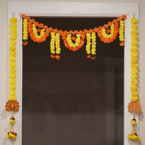 3 feet Marigold Flower door toran and 3 feet long yellow marigold garland with lotus, Diwali/Indian Wedding Decoration, backdrop and gift !!