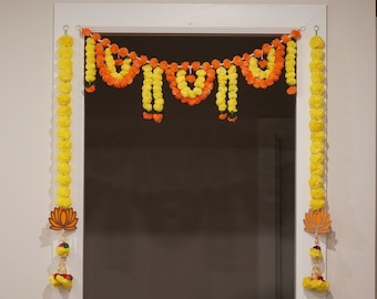 3 feet Marigold Flower door toran and 3 feet long yellow marigold garland with lotus, Diwali/Indian Wedding Decoration, backdrop and gift !!