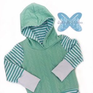 Quilted Knit / Mint and White / Green / Yarn dyed / Stripes / Warm / Winter / Grow With Me / Hoodie / Size 1-3T