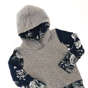 Quilted Knit / Grey and blue / Floral / Warm / Winter / Soft / Double brushed polyester / Grow With Me Hoodie / Size 1-3T