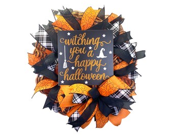 Halloween Front Door Wreath, Witch Decor, Orange Black Mesh