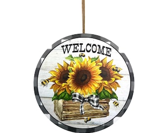 Farmhouse Sunflower  front door Hanger, Bee front door hanger, sunflower welcome front door wreath